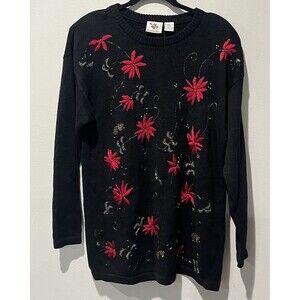 Nutcracker Tunic Sweater‎ Women’s Medium Beaded Poinsettia Holiday Black Dress